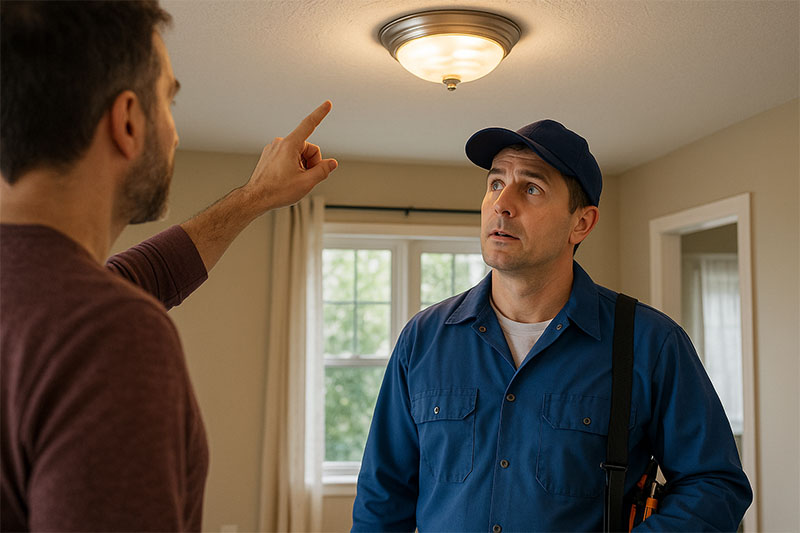 Homeowner pointing to a flickering ceiling light during a service visit by an electrician.