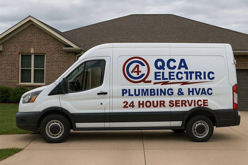 QCA Electric Plumbing & HVAC service van parked outside a residential home for urgent plumbing repair.